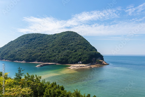 Landscape of Kamonokoshi coast in shonai peninsula, maruyama island and urashima shrine ,mitoyo city, kagawa, shikoku, japan 