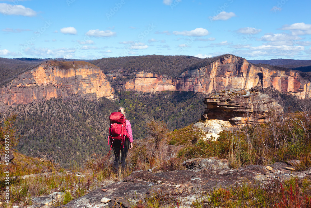 Female taking in magnificent vistas of sheer sandstone cliffs across the valley Female taking in magnificent vistas of sheer sandstone cliffs across the valley