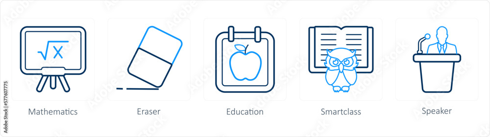 A set of 5 School icons as mathematics, eraser, education A set of 5 School icons as mathematics, eraser, education
