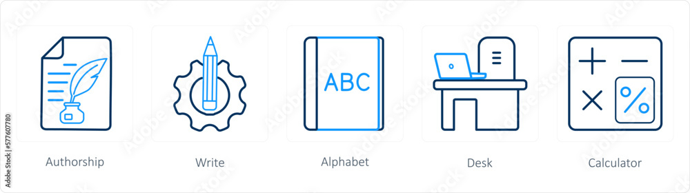 A set of 5 School icons as authorship, write, alphabet A set of 5 School icons as authorship, write, alphabet