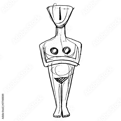 Cycladic idol. Ancient Greek female figurine of a goddess. Hand drawn linear doodle rough sketch. Black silhouette on white background. photo