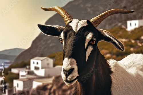 Image of a goat taken up close in the rural area of Aegiali on the Greek island of Amorgos. Generative AI
