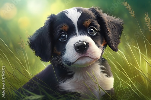 The adorable face of a kromfohrlander puppy is seen in close-up as it relaxes on the new grass. Generative AI photo