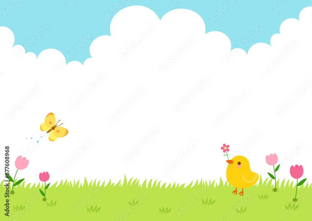 A baby chick and a yellow butterfly in a field of tulip flowers.Spring nature background. - obrazy, fototapety, plakaty 