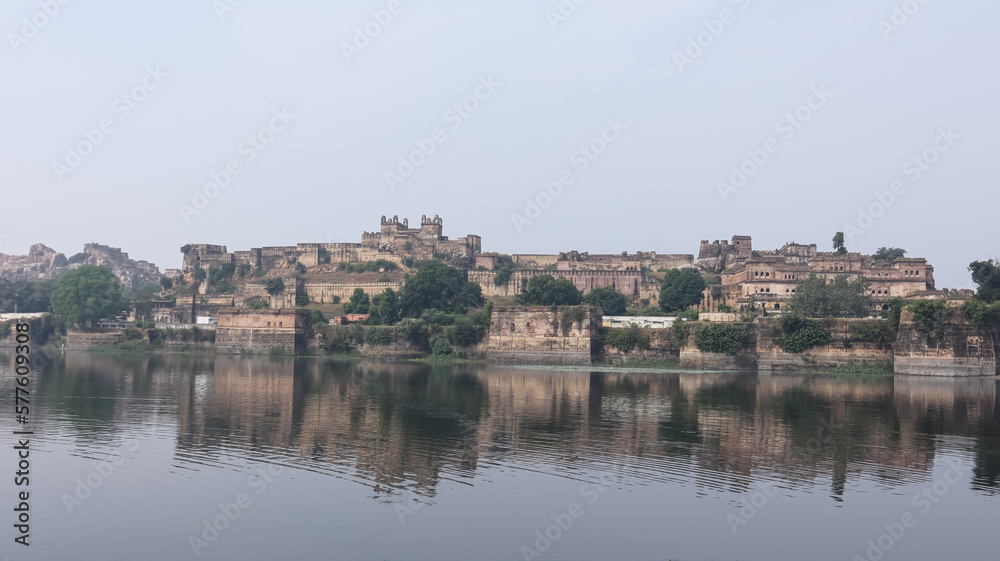 The Beautiful Reflection of Baldeogarh Fort Palace in the Lake, Baldevgarh, Madhya Pradesh, India.