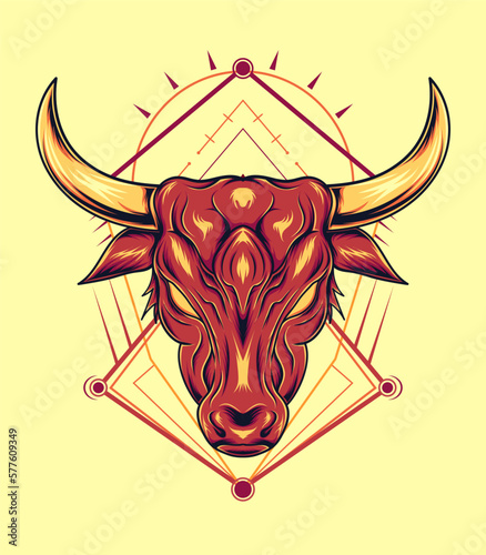 Vector illustration in stylish engraving technique of angry bull heads with sacred ornament background