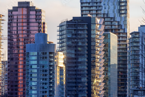 Highrise Residential and Commercial Buildings in Modern Downtown City. Vancouver  British Columbia  Canada. Winter Sunset.