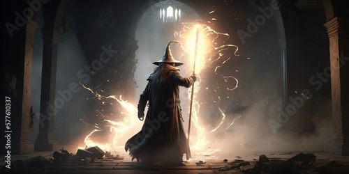 Wizard Casting a sell in a dark castle