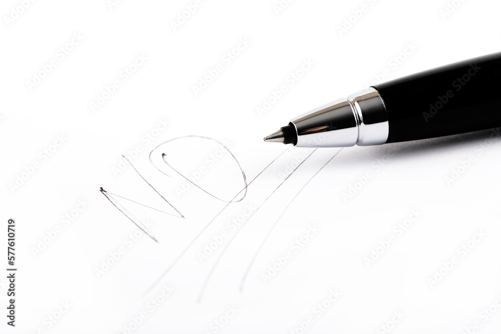 Fototapeta premium The word NO underlined three times and a black pen on a white sheet of paper