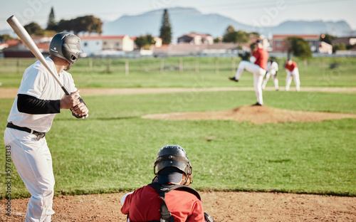 Baseball, bat and mockup with a sports man outdoor, playing a competitive game during summer. Fitness, health and exercise with a male athlete or player training on a field for sport or recreation