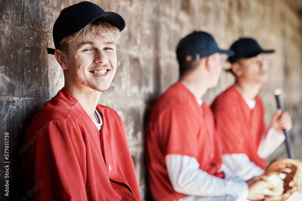 Baseball player portrait, bench or happy man in a game, competition or training match on a stadium pitch. Softball workout exercise, funny face or players laughing or playing a game in team dugout