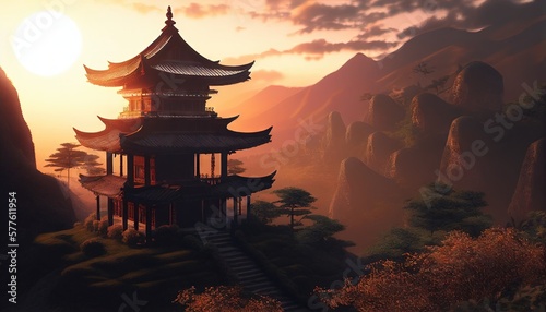 Chinese Architecture House in Forest with Mountain View during Sunset. Generative AI.