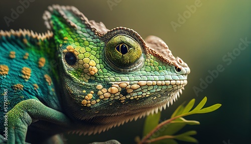 Close-up portrait of a chameleon with bright exotic skin in colorful colors. Generative AI. © GustavsMD