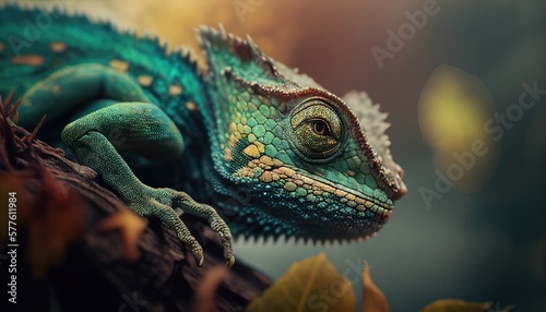 Close-up portrait of a chameleon with bright exotic skin in colorful colors. Generative AI.