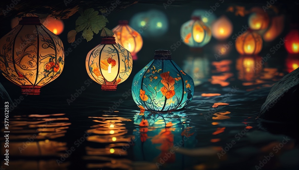 Paper lanterns float on dark water. Traditional Floating Lantern
