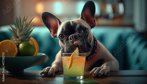 French Bulldog drinking a cocktail. Generative AI. © GustavsMD