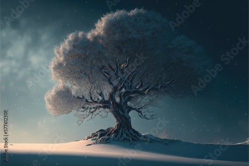 tree in winter with snow in night