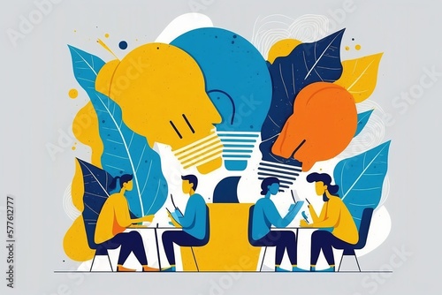 Team Building concept. Brainstorm in the office concept in blue and yellow colors created with Generative AI technology