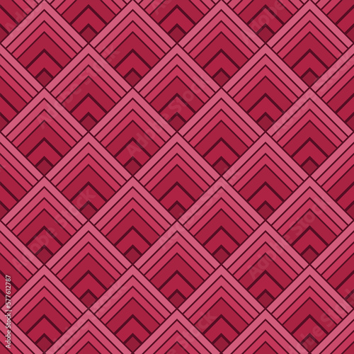 Art deco style background. Seamless geometric pattern. Trend color of the year 2023 viva magenta. Design texture elements for banners, covers, posters, backdrops, walls. Vector illustration.