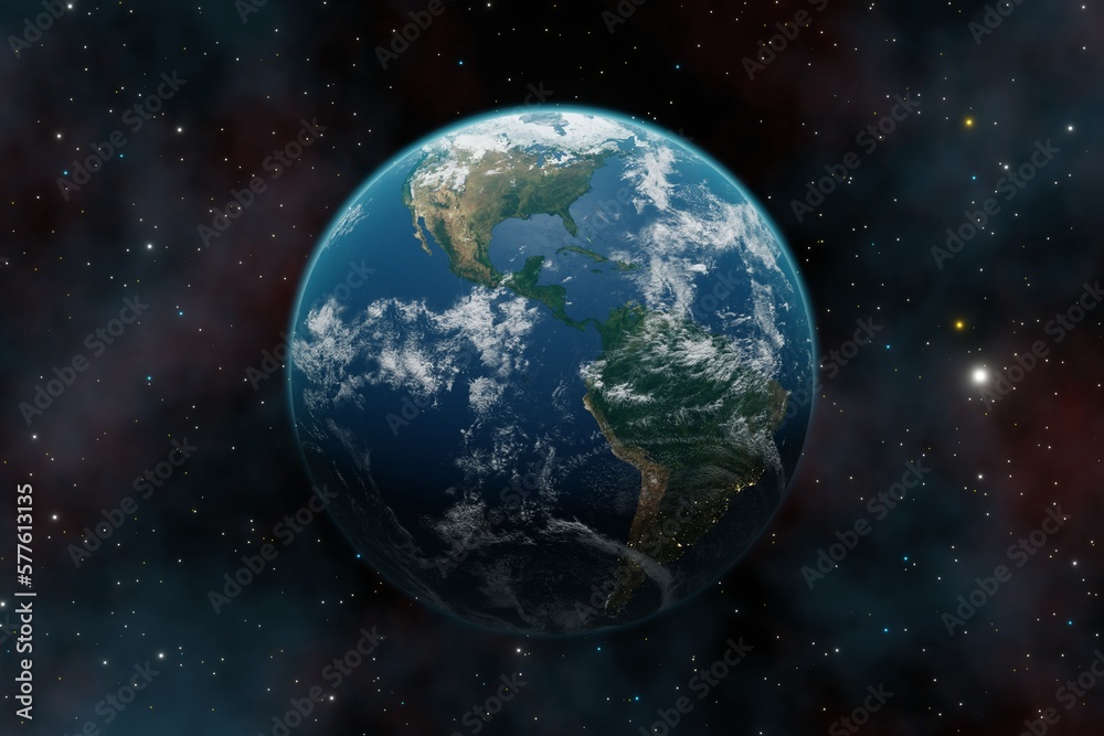 Beautiful 3d earth planet 3d render. Concept of climate change, dark night, cities lights, sunrise. World planet satellite, Stars, nebula and galaxy 3d render. Sunrise from outer space