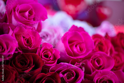 Women   s day concept. Bouquet of red roses on shining table and blue bokeh  background.