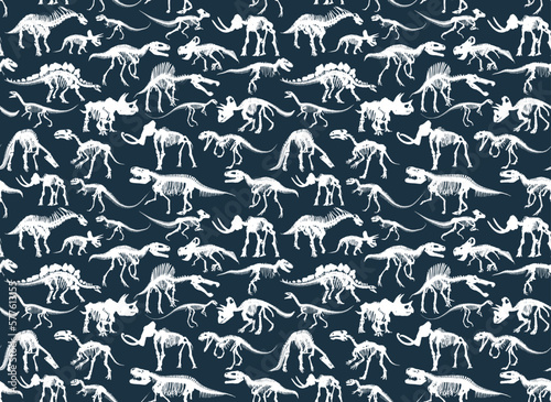 The seamless blue background with dinosaur skeletons.