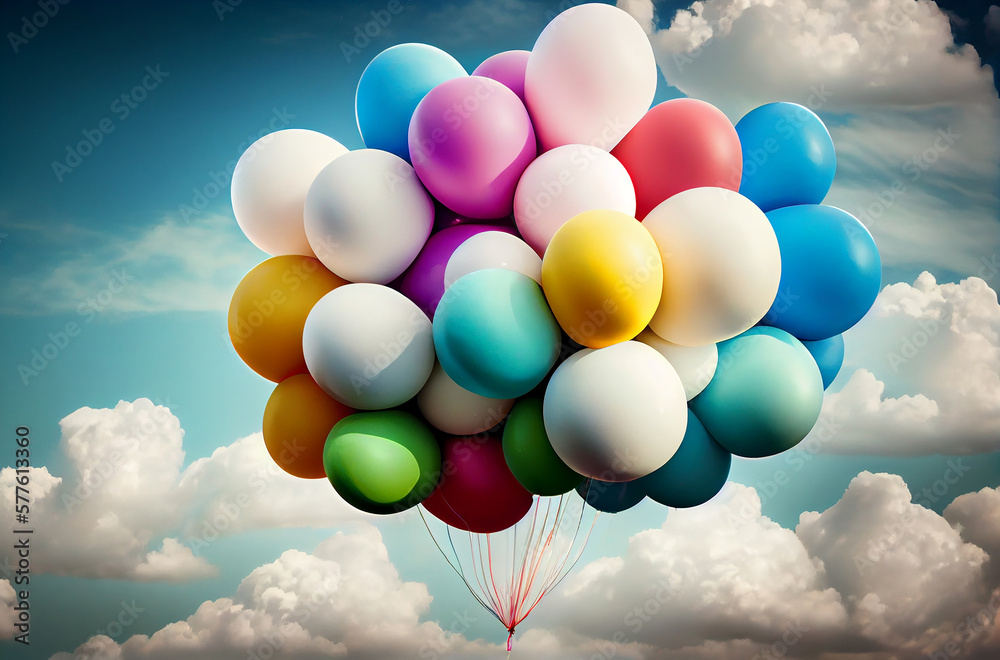 Colorful balloons cloud in the sky. Generative AI