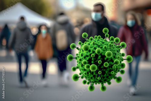 Covid19 virus germs floating spreading in the air among walking street people wearing mask, Coronavirus 2019 nCov concept, outbreak and coronaviruses pandemic Generated by Ai
