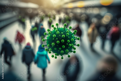 Covid19 virus germs floating spreading in the air among walking street people wearing mask, Coronavirus 2019 nCov concept, outbreak and coronaviruses pandemic Generated by Ai photo