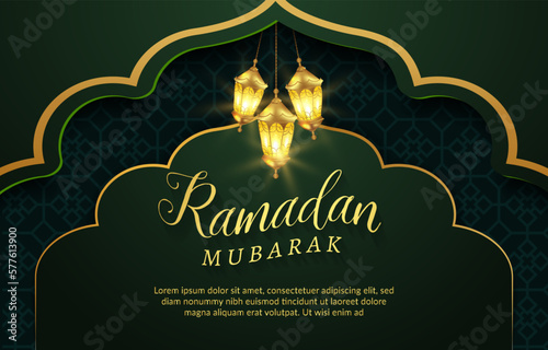 ramadan mubarak banner with beautiful shiny light islamic ornament and abstract gradient dark green background design