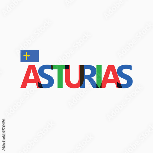 Asturias RGB colorful overlapping letters typography with its national flag. Spanish autonomous community rainbow text decoration.