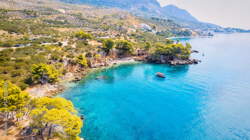 The beauty of the Makarska Riviera in Croatia was captured in an aerial photo taken on a sunny day.