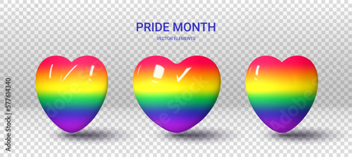 Set of 3d rainbow hearts. 3d rainbow hearts in different positions isolated on checkered background. 3d elements for decoration of LGBTQ events. Vector illustration with symbols of Pride Month.