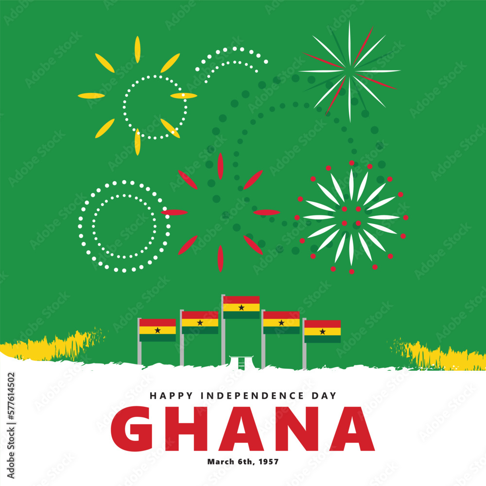 Ghana independence day celebration vector illustration with national flag and fireworks. Suitable for social media post and greeting card.