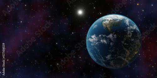 Fototapeta Naklejka Na Ścianę i Meble -  Beautiful 3d earth planet 3d render. Concept of climate change, dark night, cities lights, sunrise. World planet satellite, Stars, nebula and galaxy 3d render. Sunrise from outer space