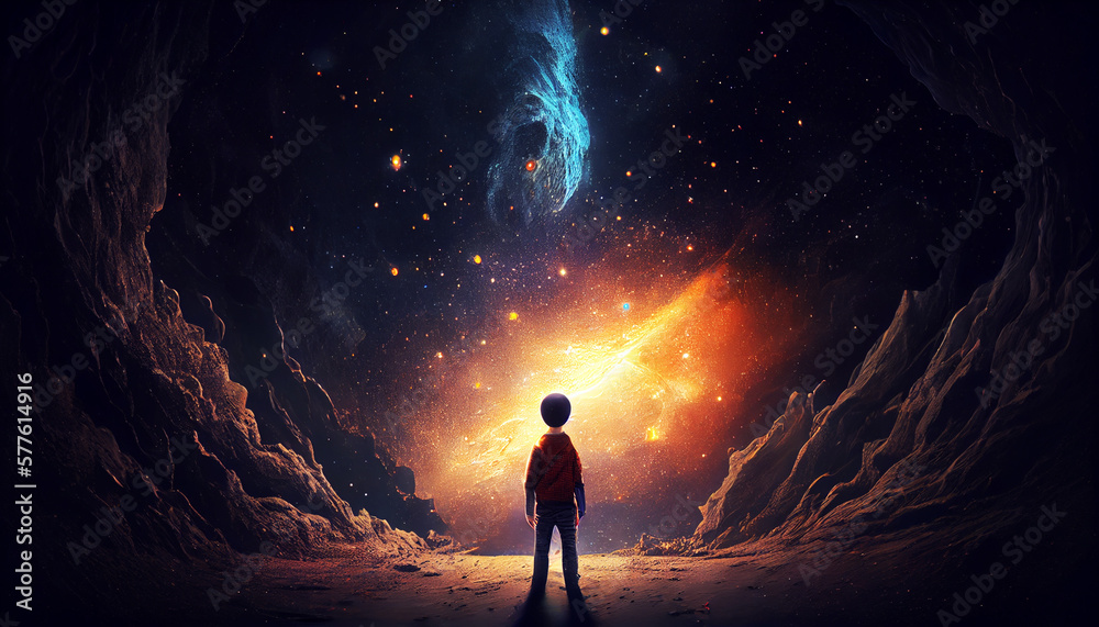 a little man is standing in front of the whole of universe generative AI