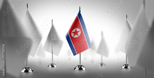 The national flag of the North Korea surrounded by white flags