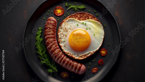 Fried egg and Grilled Bavarian sausage in black plate, top view