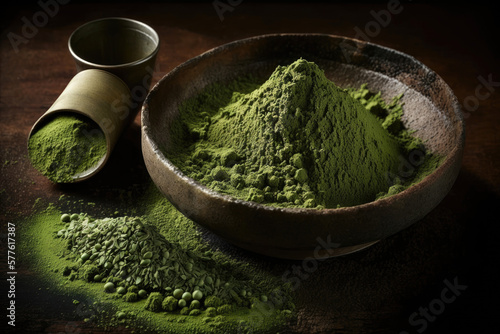 Top view of Matcha powder green tea in bowl, spoon, bamboo whisk,  traditional beverage, flat lay process of making matcha drinks, with Generative AI. photo
