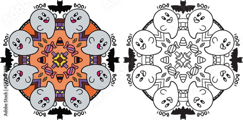 Halloween mandala with cute ghost, bat and candy elements. Hand drawn lines. Doodles art for greeting cards, invitation or poster. Coloring book for adult and kids.
