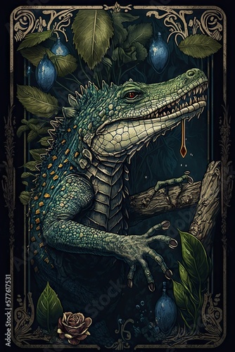 Beautiful Designer Illustration of Ancient Mythological Majestic Alligator Animal in the Artistic Tarot Card Style: Vibrant Colors Intricate Details Fortune-Telling Magic Mythology generative AI