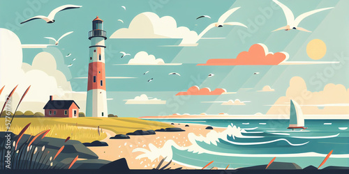 summer sunny landscape flat vector style with lighthouse and seagulls in pastel cheerful colors, generative AI.