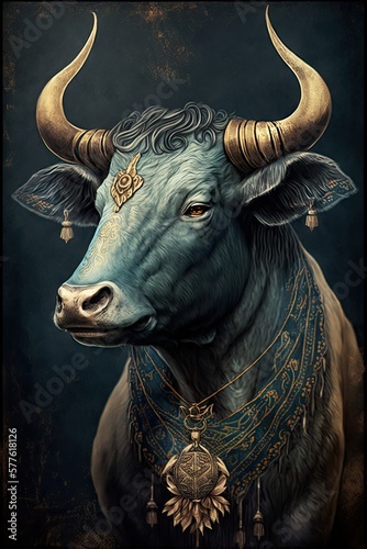 Beautiful Designer Illustration of Ancient Mythological Majestic Bull Animal in the Artistic Tarot Card Style: Vibrant Colors Intricate Details Fortune-Telling Magic Mythology generative AI © Get Stock