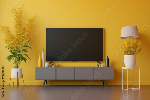 Tv on cabinet in modern living room with lamp, table, flower and plant on yellow wall background, Generative AI