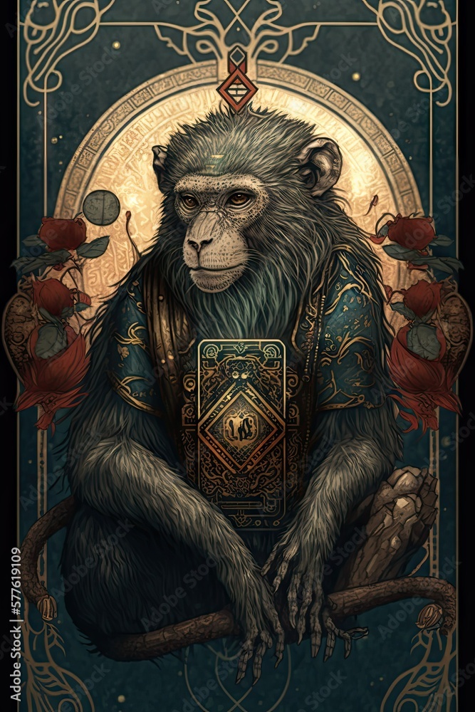 Obraz premium Beautiful Designer Illustration of Ancient Mythological Majestic Monkey Animal in the Artistic Tarot Card Style: Vibrant Colors Intricate Details Fortune-Telling Magic Mythology generative AI
