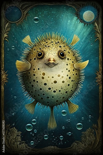 Beautiful Designer Illustration of Ancient Mythological Majestic pufferfish Animal in the Artistic Tarot Card Style: Vibrant Colors Intricate Details Fortune-Telling Magic Mythology generative AI