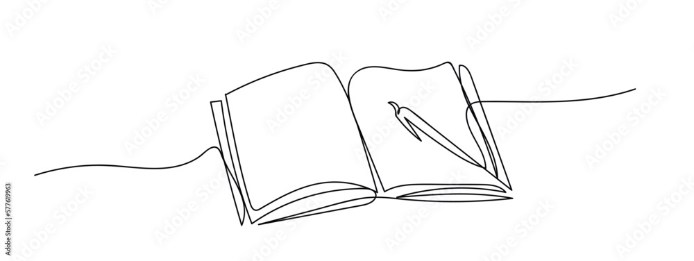 Single one line drawing of open text book for study. Back to
