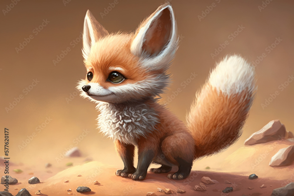 Cute young red fox pup illustration sitting adorable and curious kit in nature, ai.