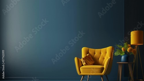 Living room with yellow armchair on empty dark blue wall background