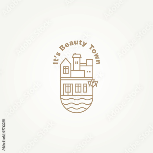 minimalist classic town and flat buildings with river emblem logo template vector illustration design